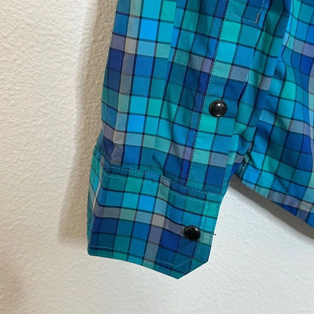 Stio Snap Front Long Sleeve Casual‎ Shirt Size XXL Blue Windowpane Plaid Outdoor